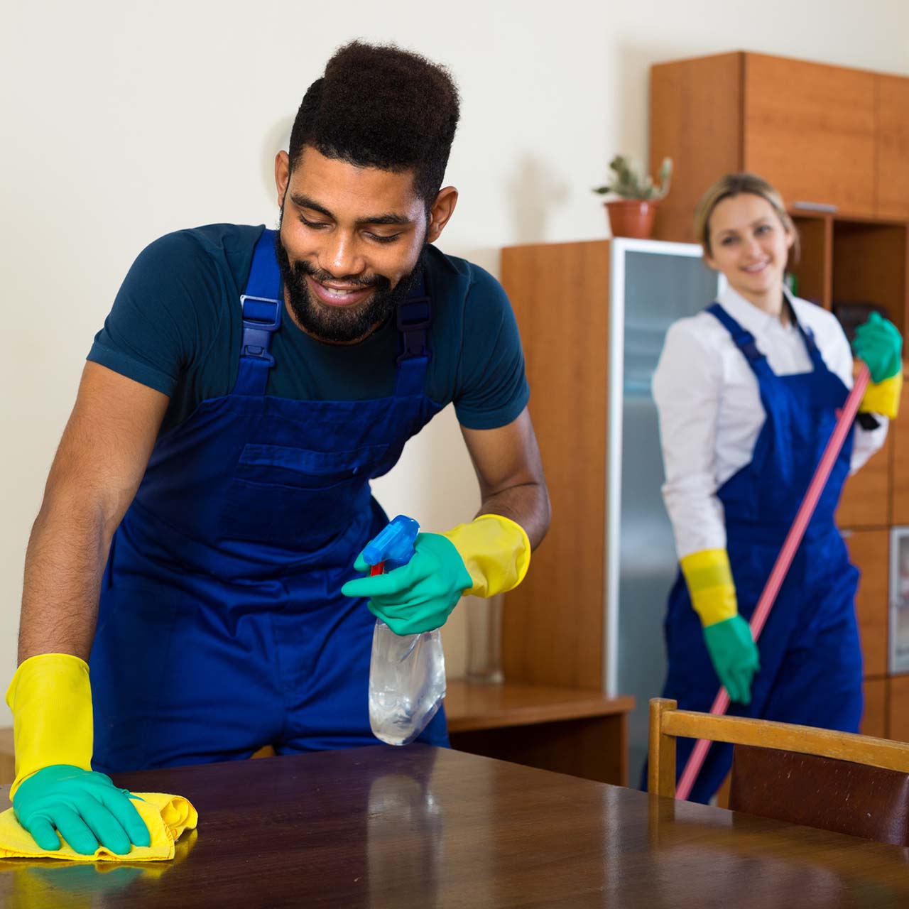 Black and white cleaners at the office Office cleaners